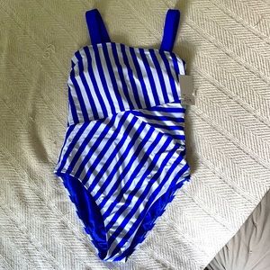 Blue and white one piece bathing suit